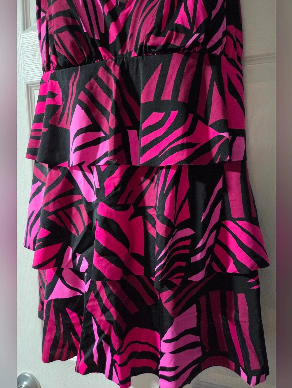 Tiered Zebra-Print One-Piece Swimdress in Hot Pink and Black